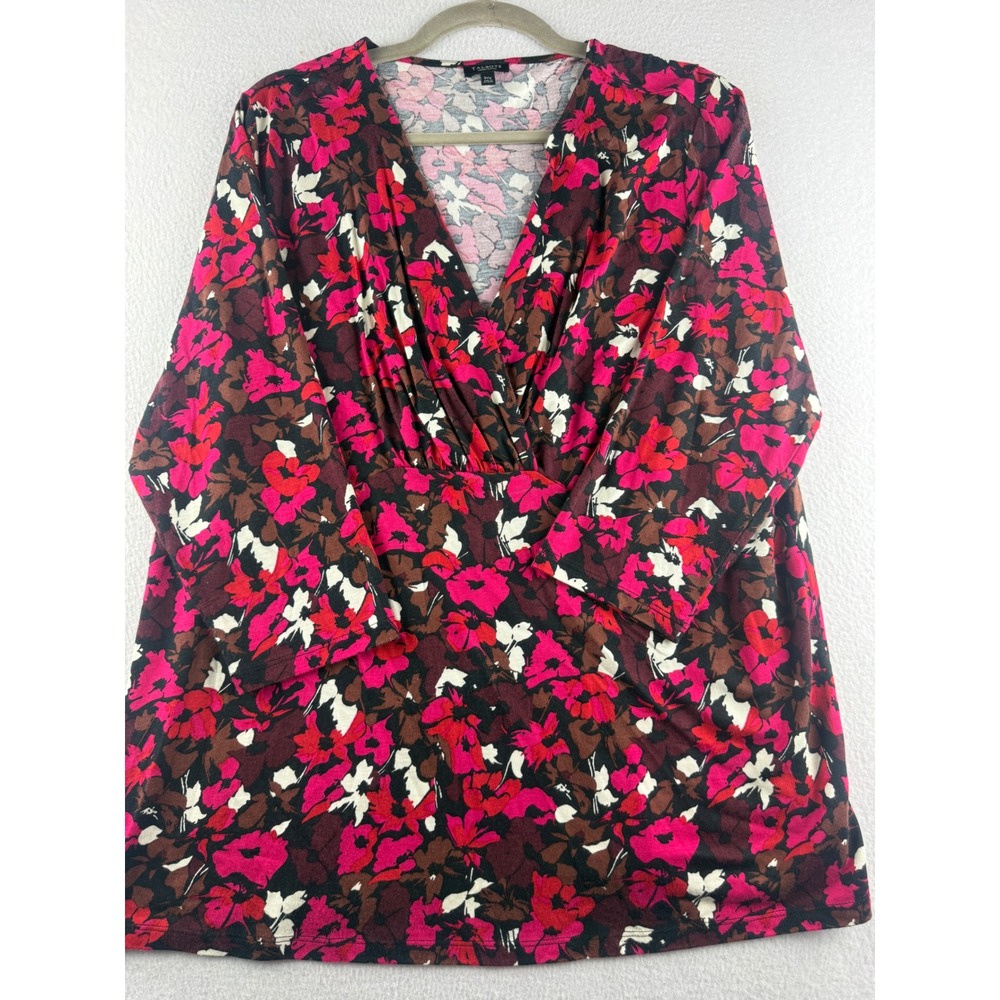 Talbots Woman Petites Pink Floral Surplice 3/4 Sleeve Blouse Top 3XP